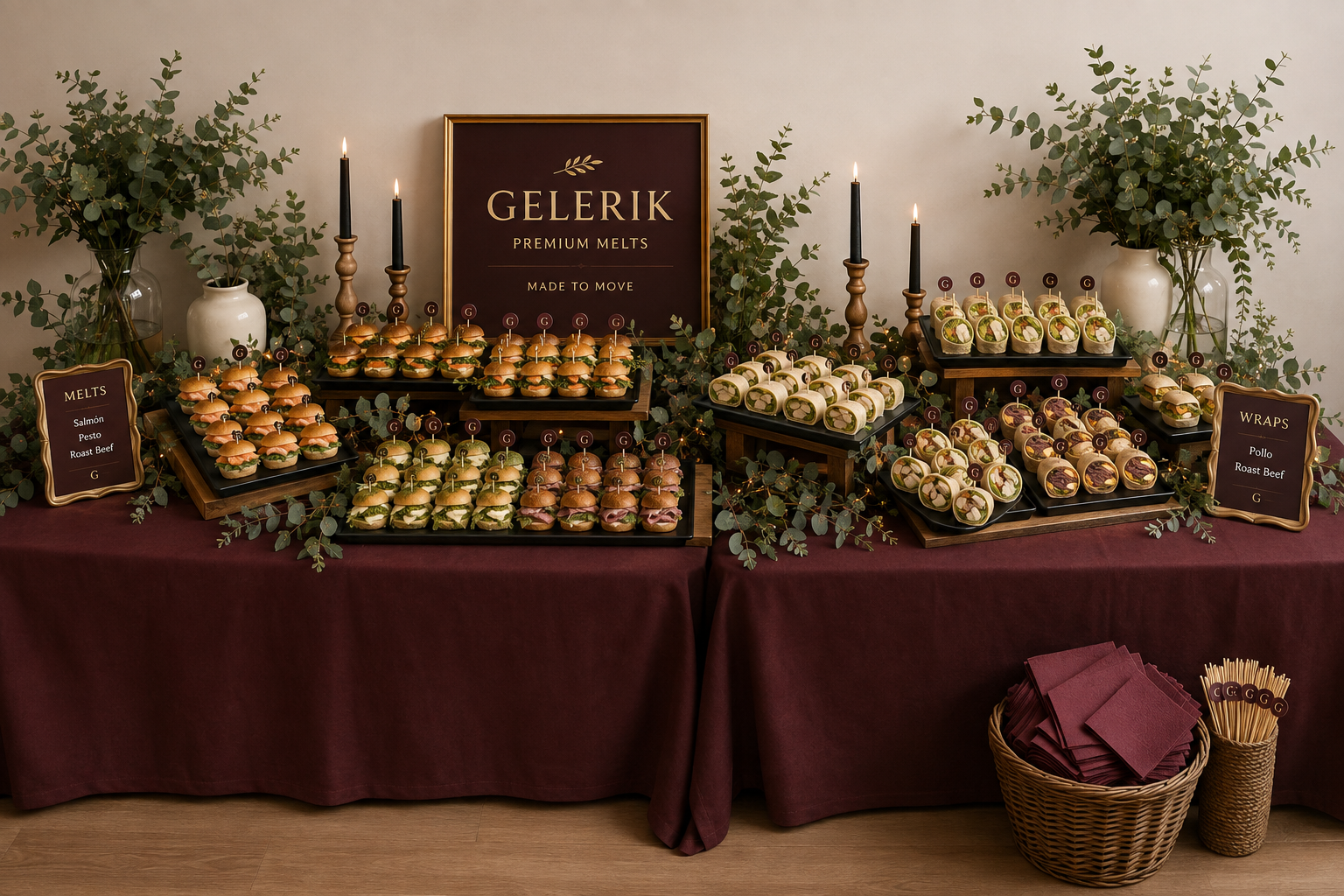 Mesa de catering Gelerik con melts y wraps premium para eventos