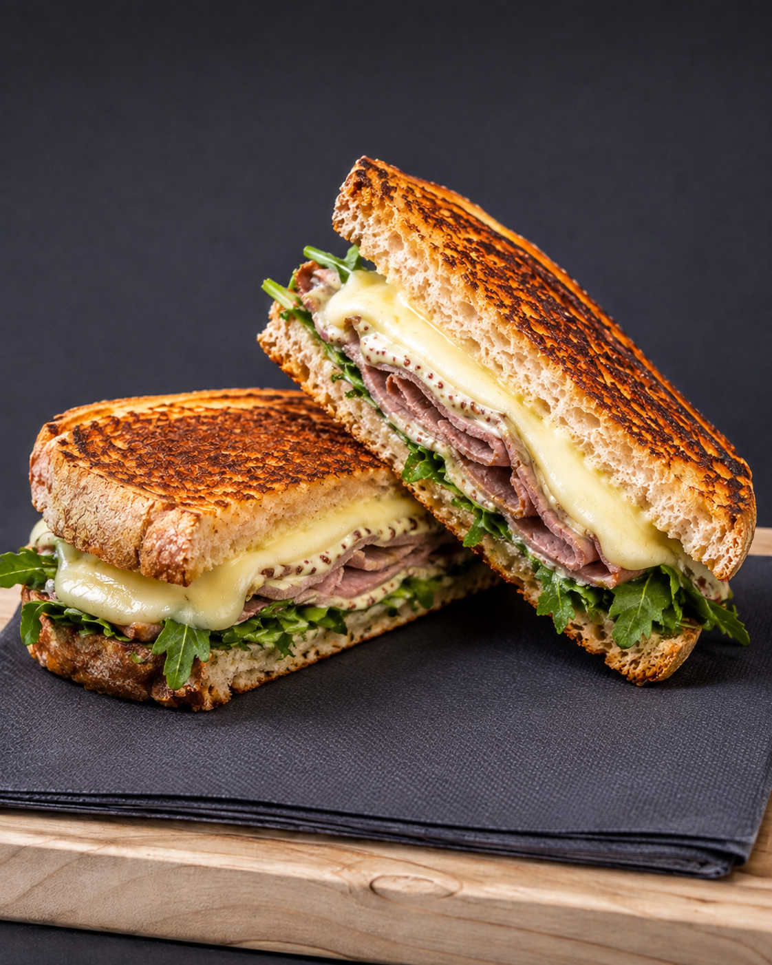 Melt tostado de roast beef con queso fundido y rúcula — Gelerik