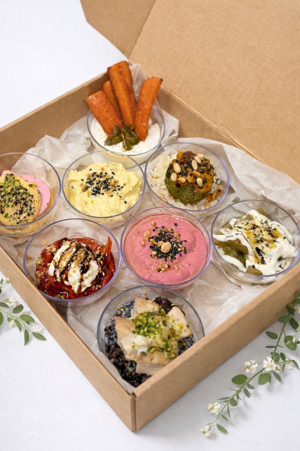 Caja de catering premium Gelerik con bowls, wraps y frutas saludables
